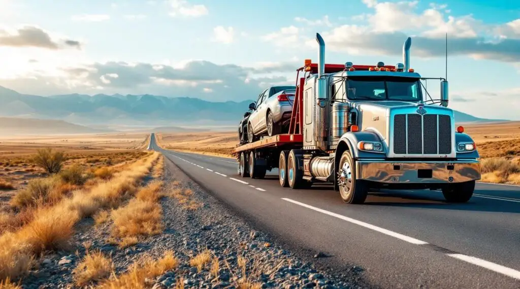 A professional Snappy Towing flatbed truck hauling a luxury SUV on a long highway stretch outside of Bondurant at dawn.