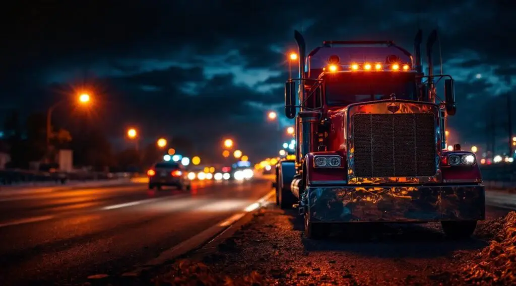 A Snappy Towing flatbed truck with amber safety lights assisting a disabled vehicle on the Lynnway at night in Bondurant.