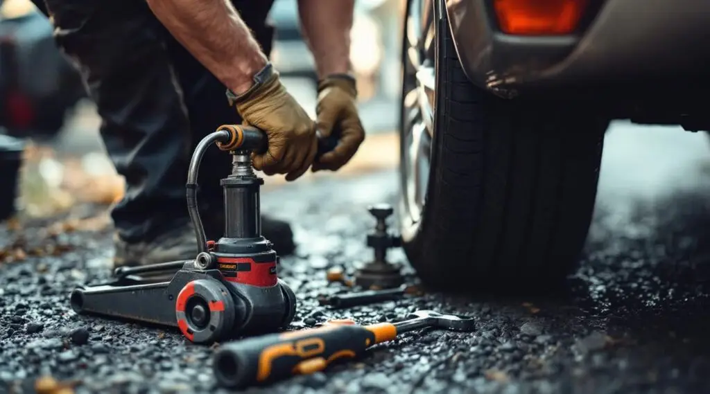 A professional Snappy Towing technician using a floor jack to change a flat tire on a busy Bondurant roadside at dusk.