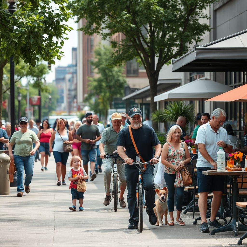 A vibrant street scene in Altoona, Iowa, showing a mix of modern commercial buildings and local shops under a clear blue sky, reflecting the city's blend of growth and community.