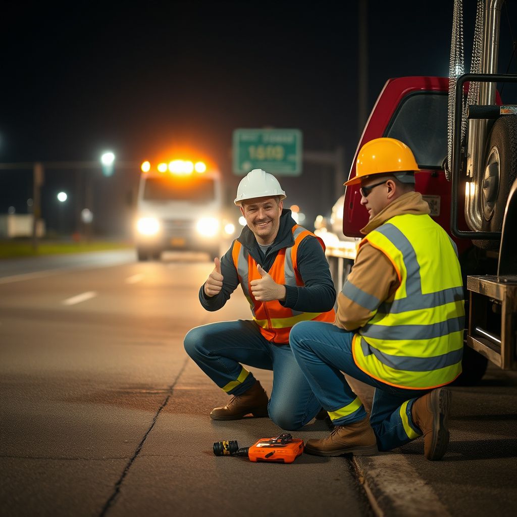 A Snappy Towing technician in uniform, smiling and giving a thumbs-up next to a modern tow truck on an Ankeny street.