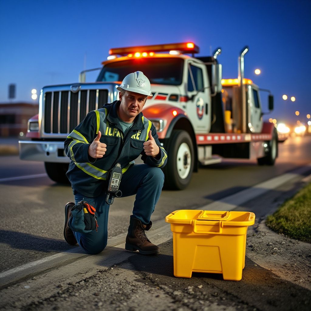A Snappy Towing technician in uniform, smiling and giving a thumbs-up next to a tow truck on a clear day in Johnston, Iowa.