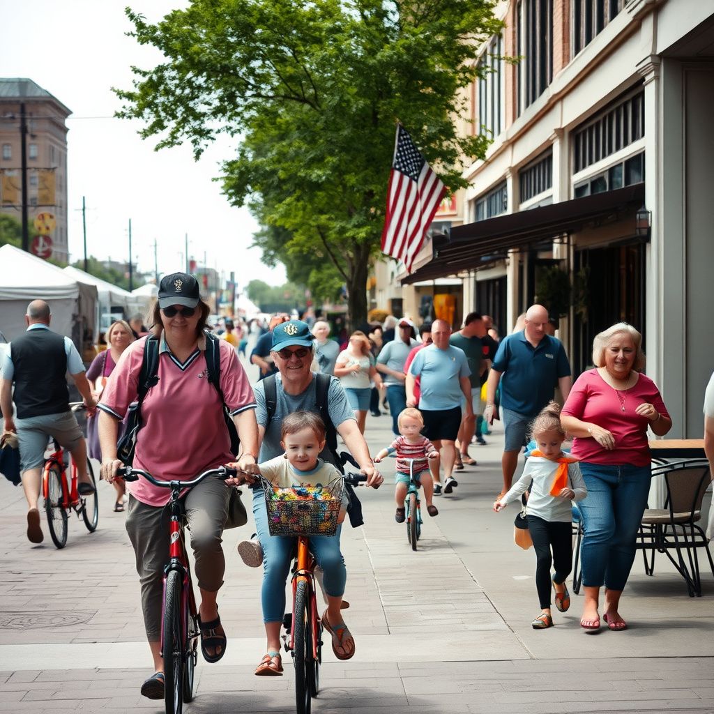 A charming street scene in downtown Bondurant, Iowa, featuring historic brick buildings and local businesses under a sunny sky, with people strolling along the sidewalks.
