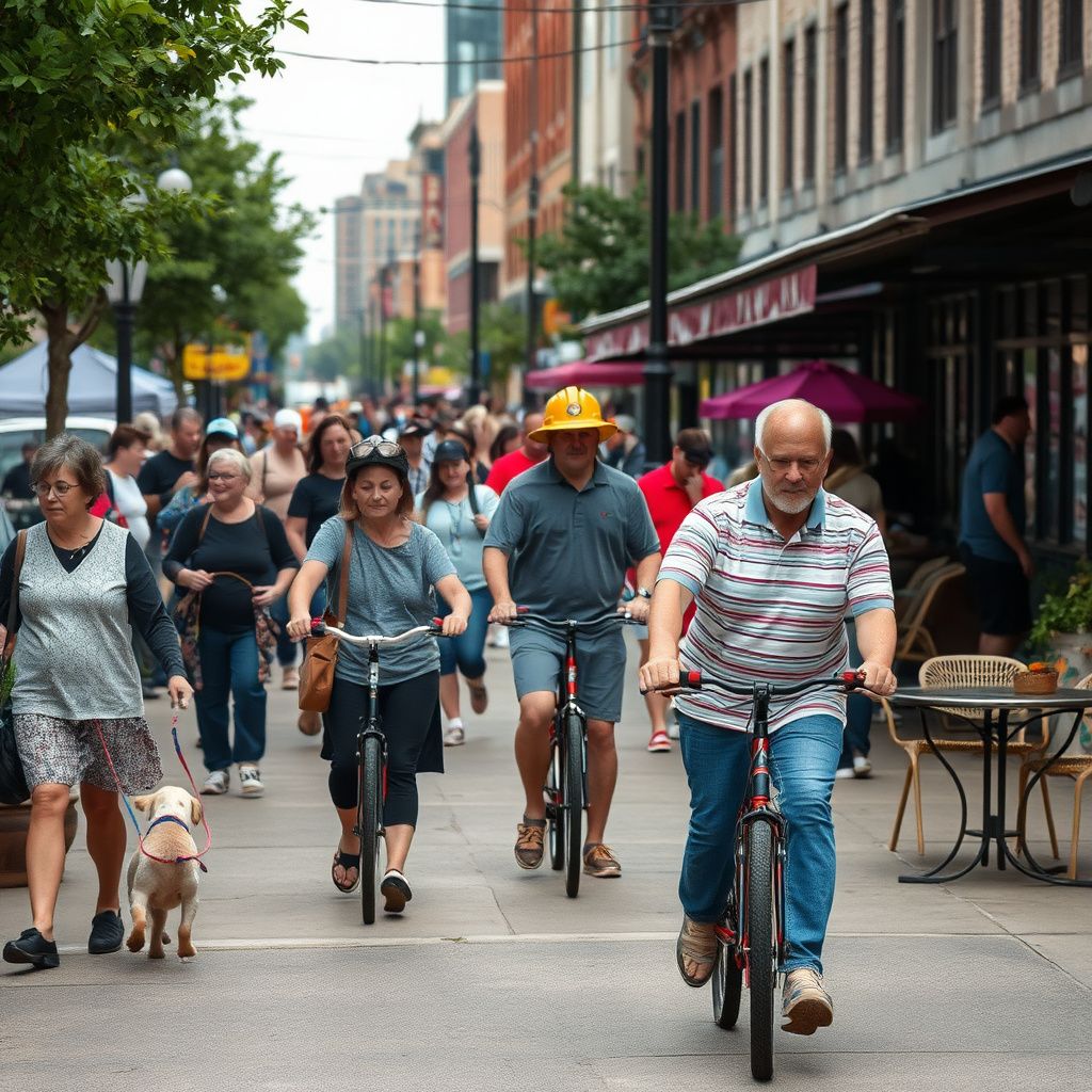A vibrant street scene in downtown Grimes, Iowa, showing local businesses with brick facades and residents walking along the sidewalks on a sunny day.