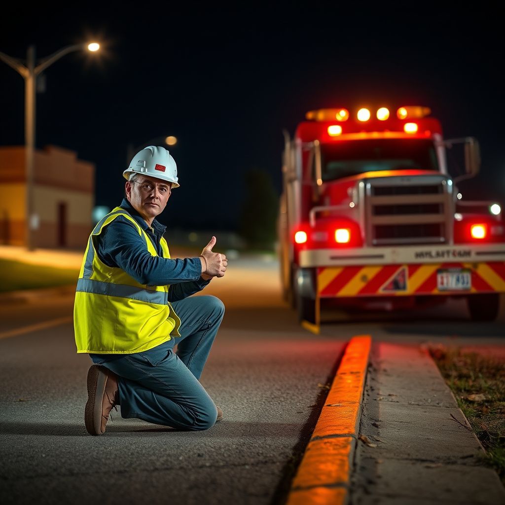 A Snappy Towing flatbed truck parked safely on the shoulder of a road in Indianola, Iowa, at dusk, with its hazard lights flashing.
