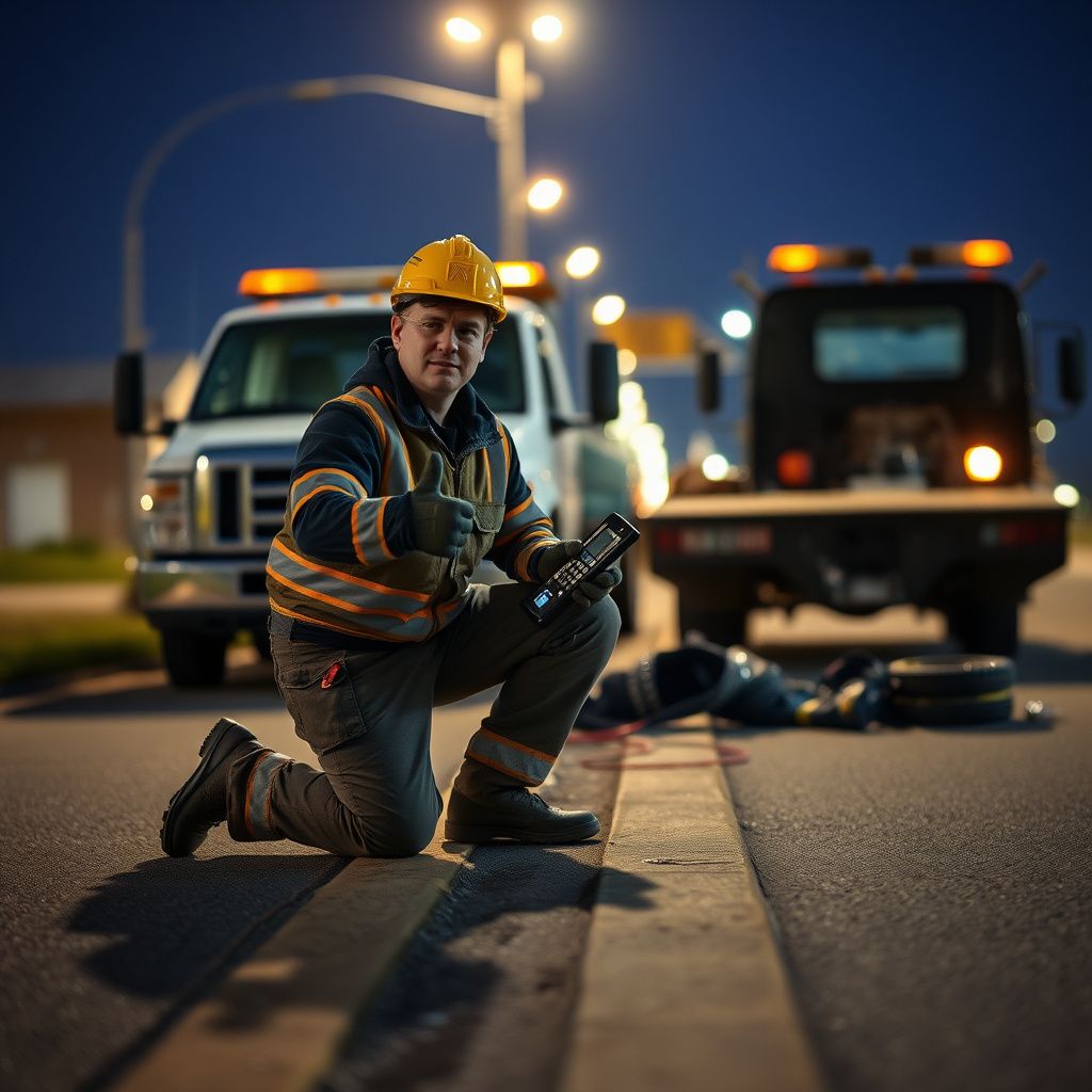 A Snappy Towing technician in a high-visibility vest talking to a motorist next to a disabled car on a Grimes, Iowa road, with a tow truck in the background.